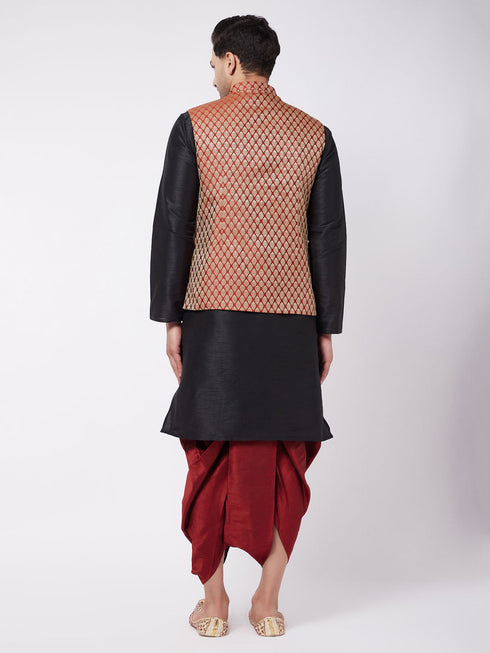 Vastramay Men's Black Silk Blend Kurta And Dhoti With Maroon Woven Nehru Jacket