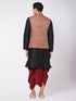 Vastramay Men's Black Silk Blend Kurta And Dhoti With Maroon Woven Nehru Jacket