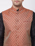 Vastramay Men's Black Silk Blend Kurta And Dhoti With Maroon Woven Nehru Jacket