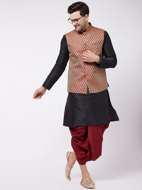 Vastramay Men's Black Silk Blend Kurta And Dhoti With Maroon Woven Nehru Jacket