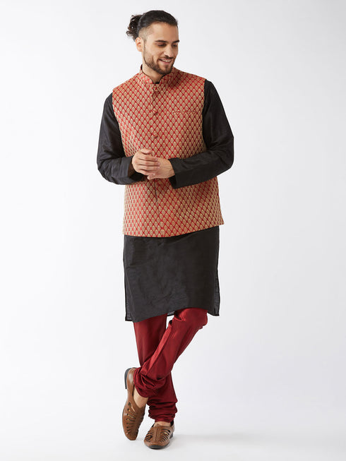 Vastramay Men's Maroon Silk Blend Ethnic Jacket Black Kurta and Maroon Pyjama Set