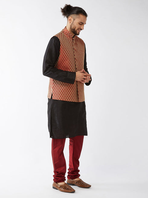 Vastramay Men's Maroon Silk Blend Ethnic Jacket Black Kurta and Maroon Pyjama Set