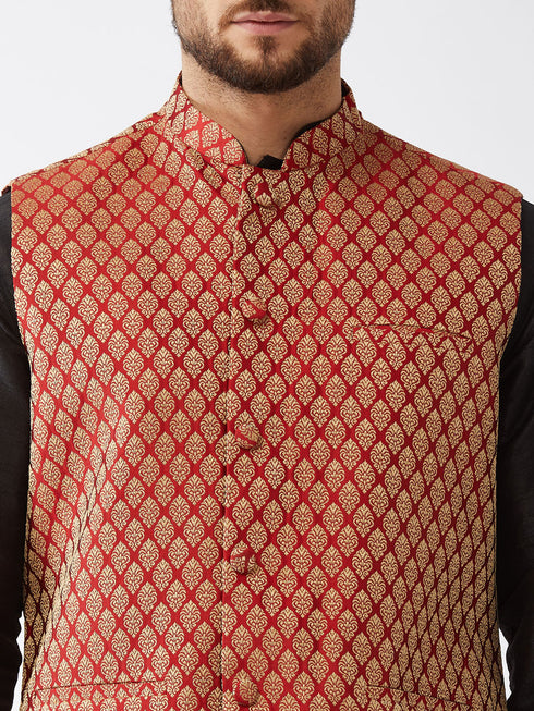Vastramay Men's Maroon Silk Blend Ethnic Jacket Black Kurta and Maroon Pyjama Set