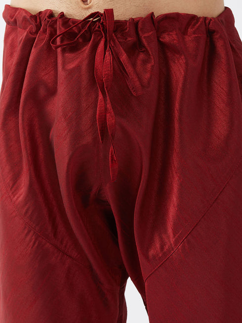 Vastramay Men's Maroon Silk Blend Ethnic Jacket Black Kurta and Maroon Pyjama Set