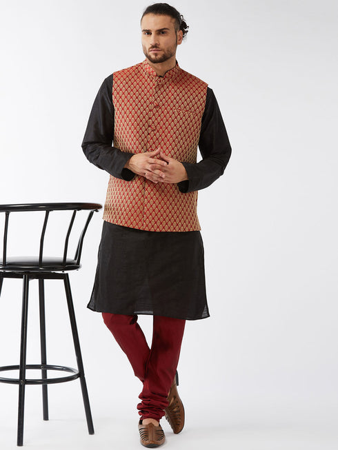 Vastramay Men's Maroon Silk Blend Ethnic Jacket Black Kurta and Maroon Pyjama Set