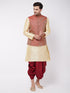 Vastramay Men's Gold Silk Blend Kurta And Dhoti With Maroon Woven Nehru Jacket