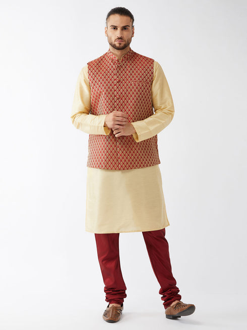 Vastramay Men's Maroon Silk Blend Ethnic Jacket Gold Kurta and Maroon Pyjama Set