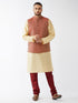 Vastramay Men's Maroon Silk Blend Ethnic Jacket Gold Kurta and Maroon Pyjama Set