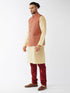 Vastramay Men's Maroon Silk Blend Ethnic Jacket Gold Kurta and Maroon Pyjama Set
