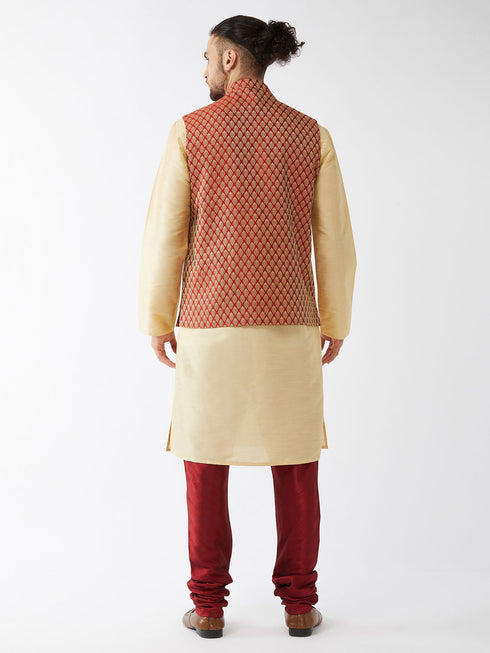 Vastramay Men's Maroon Silk Blend Ethnic Jacket Gold Kurta and Maroon Pyjama Set