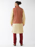 Vastramay Men's Maroon Silk Blend Ethnic Jacket Gold Kurta and Maroon Pyjama Set