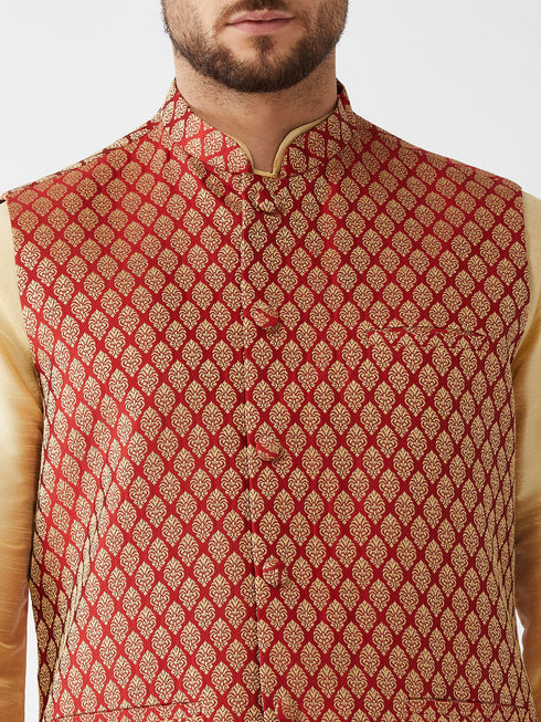 Vastramay Men's Maroon Silk Blend Ethnic Jacket Gold Kurta and Maroon Pyjama Set
