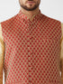 Vastramay Men's Maroon Silk Blend Ethnic Jacket Gold Kurta and Maroon Pyjama Set