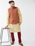 Vastramay Men's Maroon Silk Blend Ethnic Jacket Gold Kurta and Maroon Pyjama Set