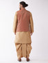 Vastramay Men's Rose Gold Solid Silk Blend Kurta and Dhoti With Maroon Nehru Jacket
