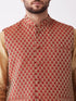 Vastramay Men's Rose Gold Solid Silk Blend Kurta and Dhoti With Maroon Nehru Jacket