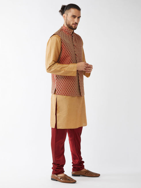 Vastramay Men's Maroon Silk Blend Ethnic Jacket Rose Gold Kurta and Maroon Pyjama Set