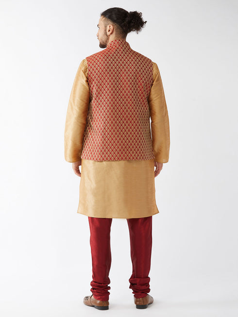 Vastramay Men's Maroon Silk Blend Ethnic Jacket Rose Gold Kurta and Maroon Pyjama Set