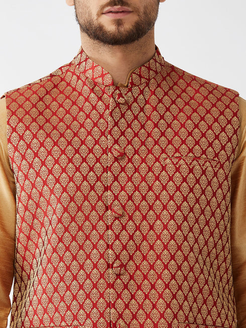 Vastramay Men's Maroon Silk Blend Ethnic Jacket Rose Gold Kurta and Maroon Pyjama Set