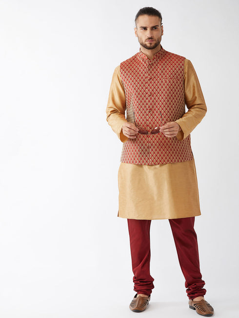 Vastramay Men's Maroon Silk Blend Ethnic Jacket Rose Gold Kurta and Maroon Pyjama Set