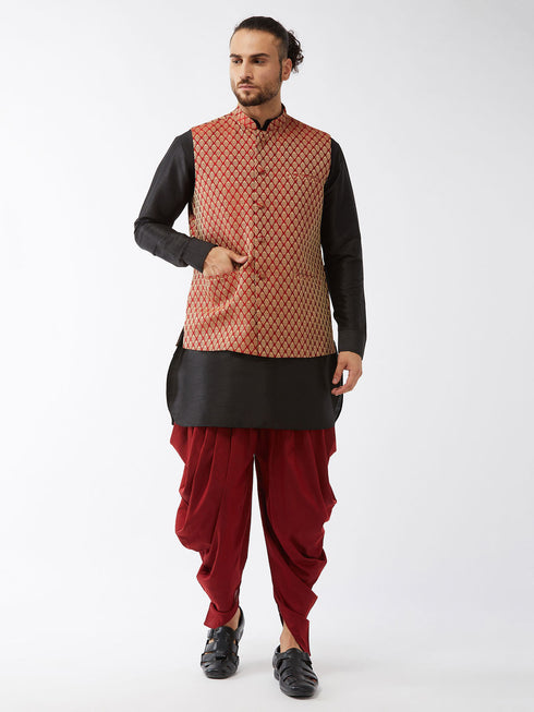 Vastramay Men's Maroon Banarasi Jacket With Black Silk Kurta and Dhoti Set