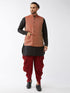 Vastramay Men's Maroon Banarasi Jacket With Black Silk Kurta and Dhoti Set