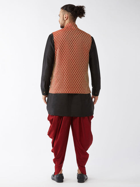 Vastramay Men's Maroon Banarasi Jacket With Black Silk Kurta and Dhoti Set