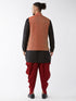 Vastramay Men's Maroon Banarasi Jacket With Black Silk Kurta and Dhoti Set