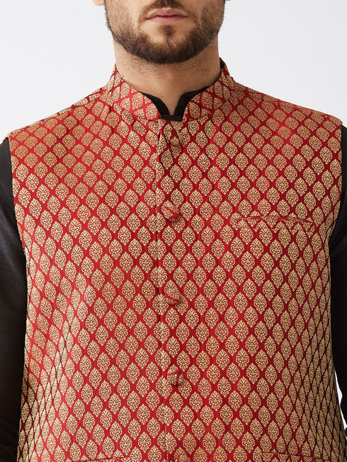 Vastramay Men's Maroon Banarasi Jacket With Black Silk Kurta and Dhoti Set