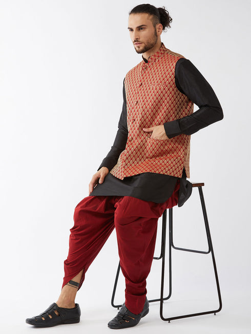 Vastramay Men's Maroon Banarasi Jacket With Black Silk Kurta and Dhoti Set
