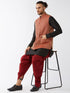 Vastramay Men's Maroon Banarasi Jacket With Black Silk Kurta and Dhoti Set