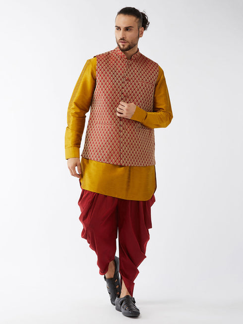 Vastramay Men's Maroon Banarasi Jacket With Mustard Silk Kurta and Dhoti Set