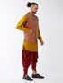 Vastramay Men's Maroon Banarasi Jacket With Mustard Silk Kurta and Dhoti Set