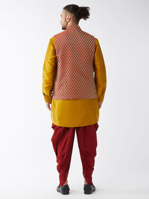 Vastramay Men's Maroon Banarasi Jacket With Mustard Silk Kurta and Dhoti Set