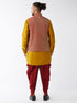Vastramay Men's Maroon Banarasi Jacket With Mustard Silk Kurta and Dhoti Set