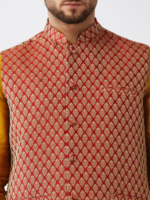 Vastramay Men's Maroon Banarasi Jacket With Mustard Silk Kurta and Dhoti Set