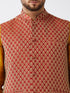 Vastramay Men's Maroon Banarasi Jacket With Mustard Silk Kurta and Dhoti Set