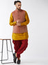 Vastramay Men's Maroon Banarasi Jacket With Mustard Silk Kurta and Dhoti Set
