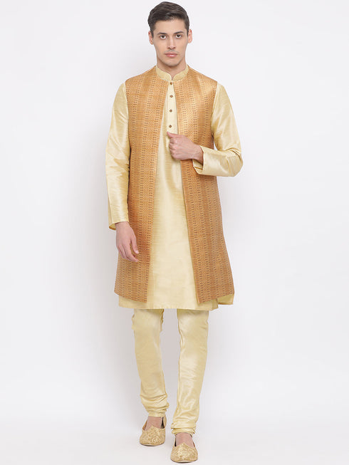 Vastramay Men's Golden Silk Blend Jacket, Kurta and Pyjama Set