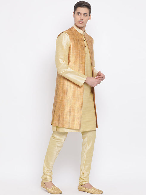 Vastramay Men's Golden Silk Blend Jacket, Kurta and Pyjama Set