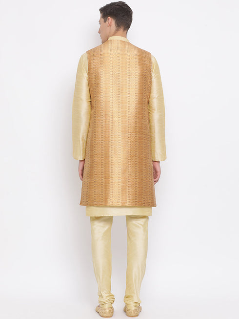 Vastramay Men's Golden Silk Blend Jacket, Kurta and Pyjama Set