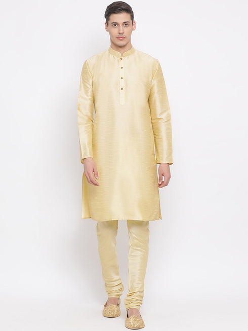 Vastramay Men's Golden Silk Blend Jacket, Kurta and Pyjama Set