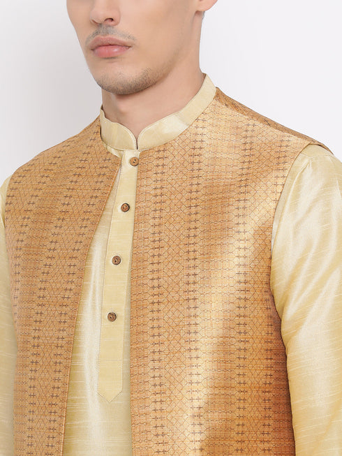 Vastramay Men's Golden Silk Blend Jacket, Kurta and Pyjama Set