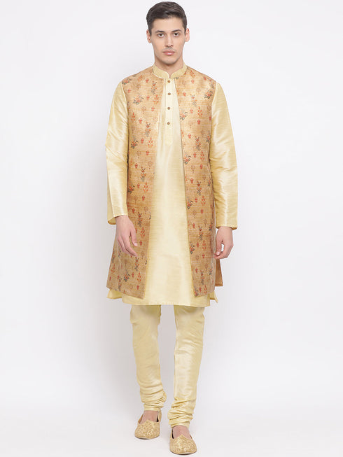 Vastramay Men's Golden Silk Blend Jacket, Kurta and Pyjama Set