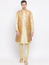 Vastramay Men's Golden Silk Blend Jacket, Kurta and Pyjama Set