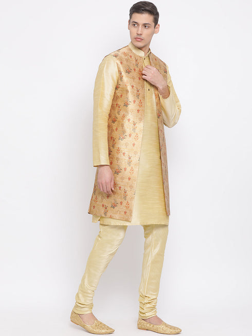 Vastramay Men's Golden Silk Blend Jacket, Kurta and Pyjama Set