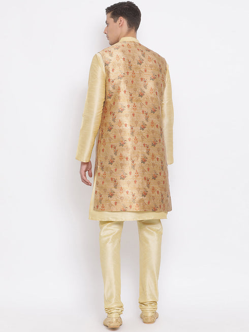 Vastramay Men's Golden Silk Blend Jacket, Kurta and Pyjama Set