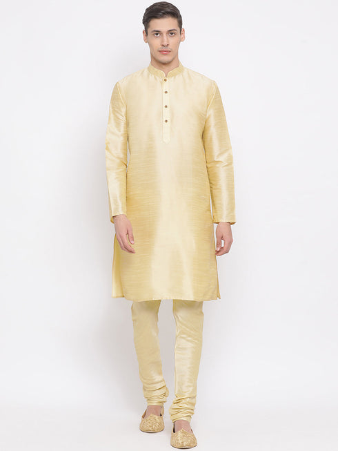 Vastramay Men's Golden Silk Blend Jacket, Kurta and Pyjama Set