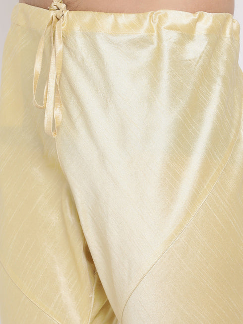 Vastramay Men's Golden Silk Blend Jacket, Kurta and Pyjama Set