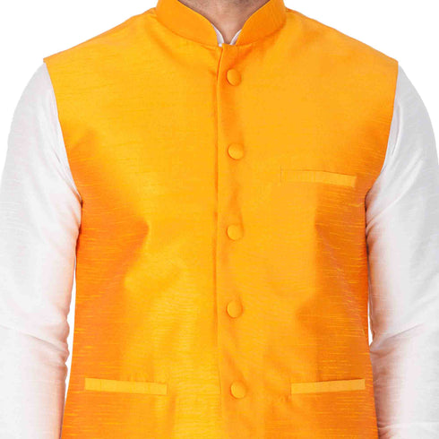Vastramay Men's White Cotton Silk Blend Kurta, Ethnic Jacket and Pyjama Set